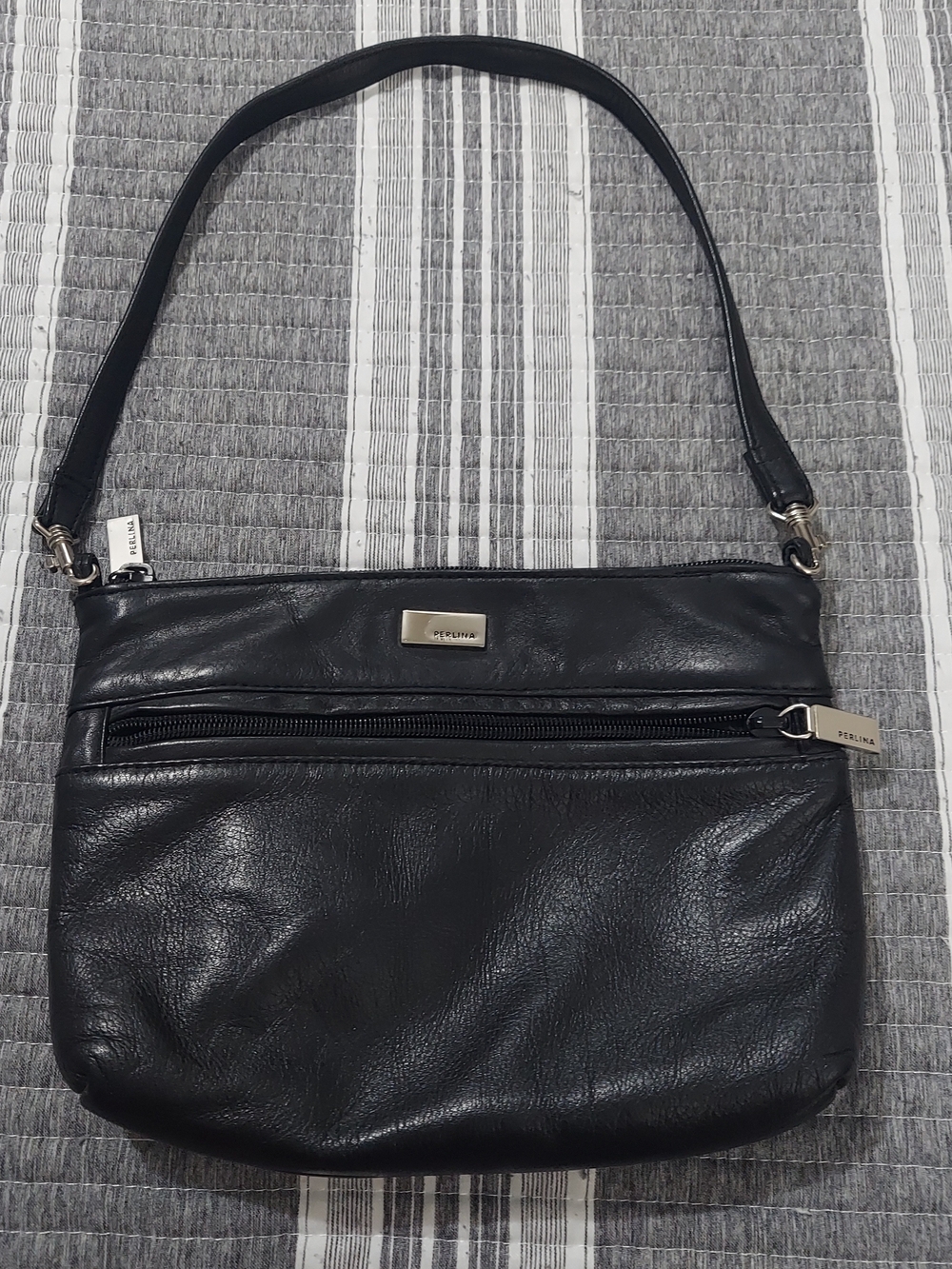 Vintage Perlina Black Leather Shoulder Mini Bag with Front Zip Pocket